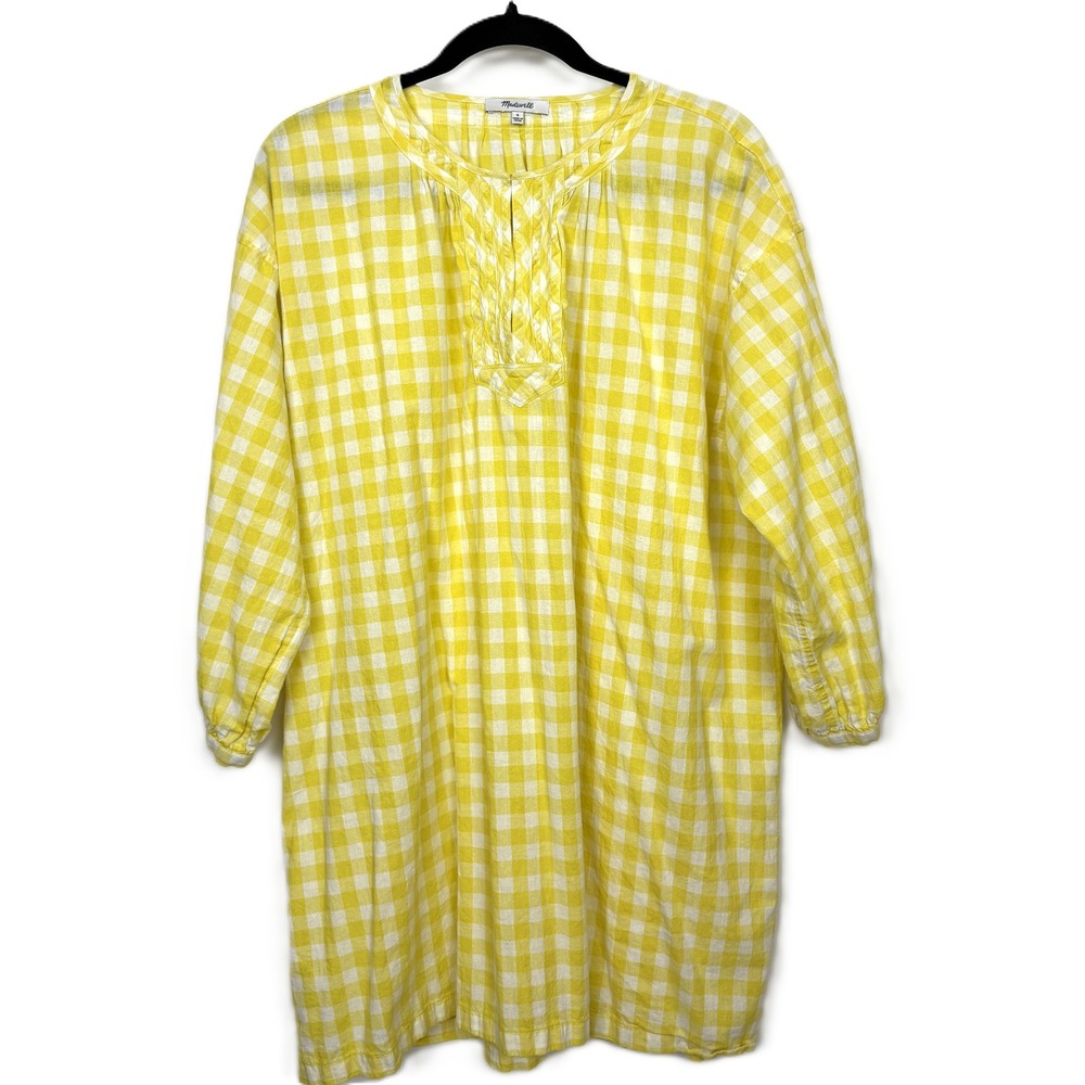 Madewell Relaxed Fit Cotton Tunic Mini Dress Yellow Gingham Plaid Small - Picture 2 of 5